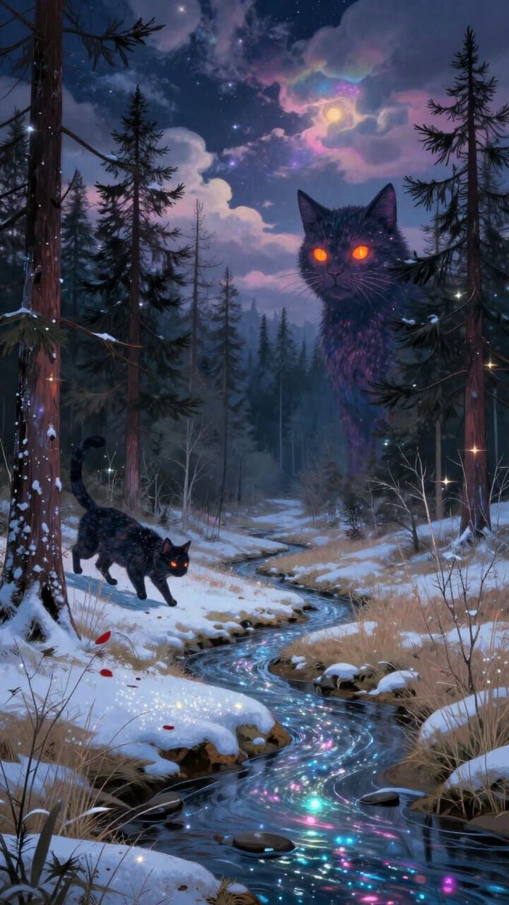 Ethereal Forest Meets Snowy Field with Cosmic Yule Cat