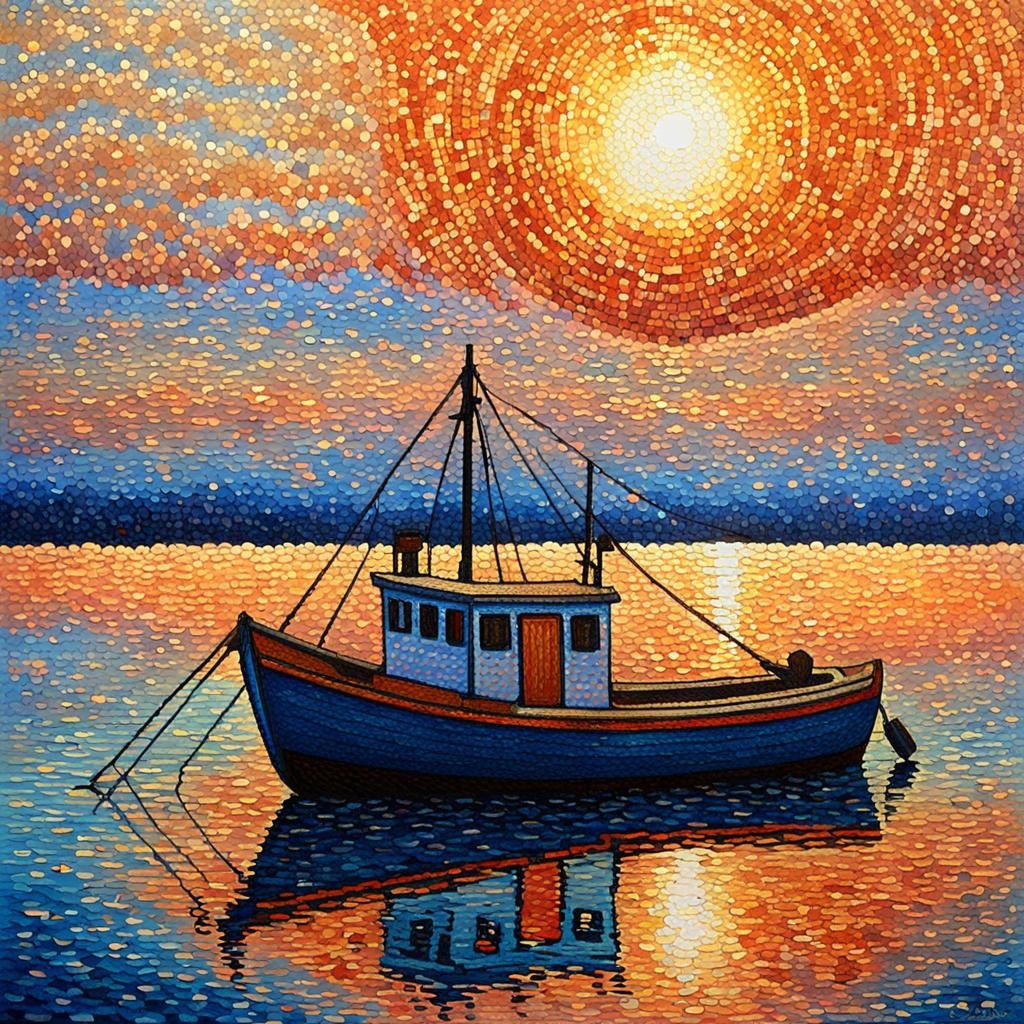 Pointillist Fishing Boat at Sunset, Neo-Impressionist Style