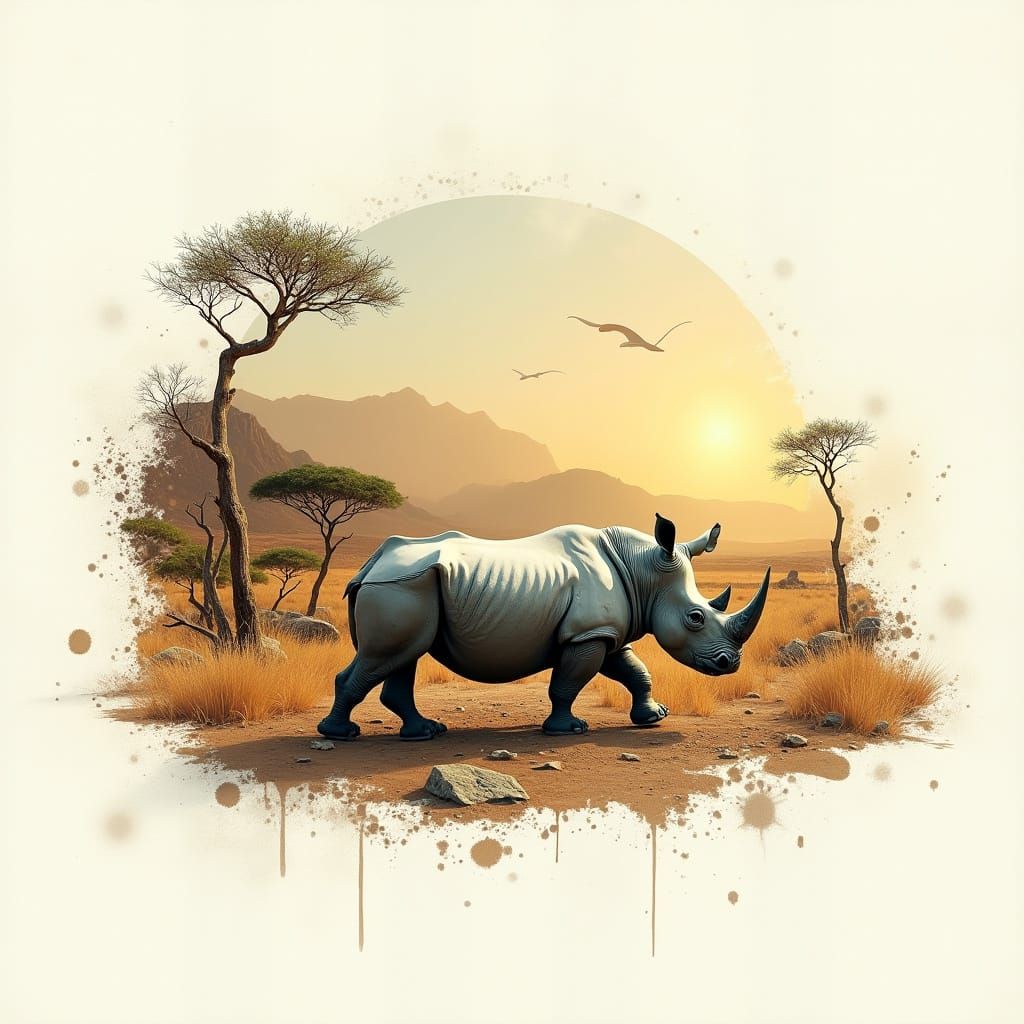 Surreal Savannah Rhino Emerges from Pollock-Inspired Splatte...