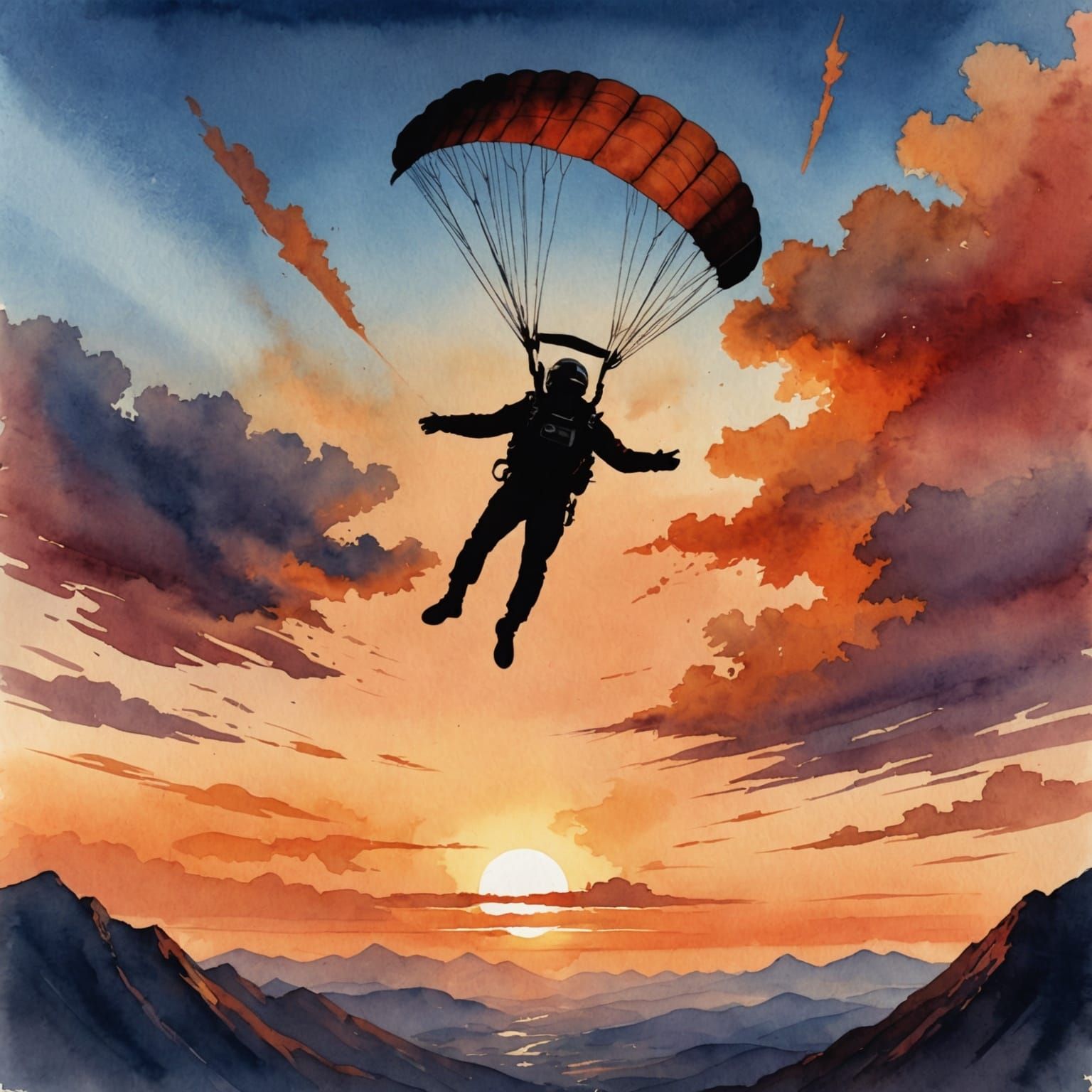 Skydiver Silhouette at Twilight: Watercolor Illustration