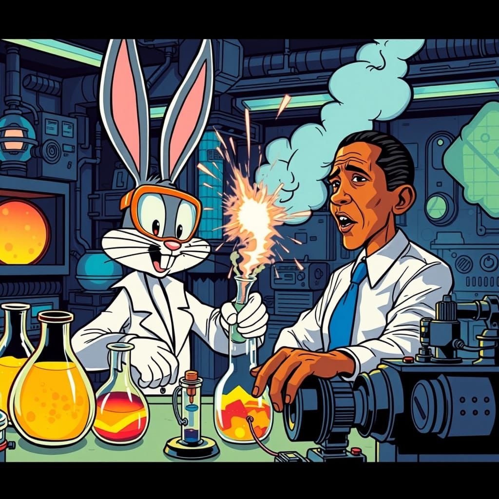 Bugs Bunny and Barack Obama in a Dynamic Comic Book Lab