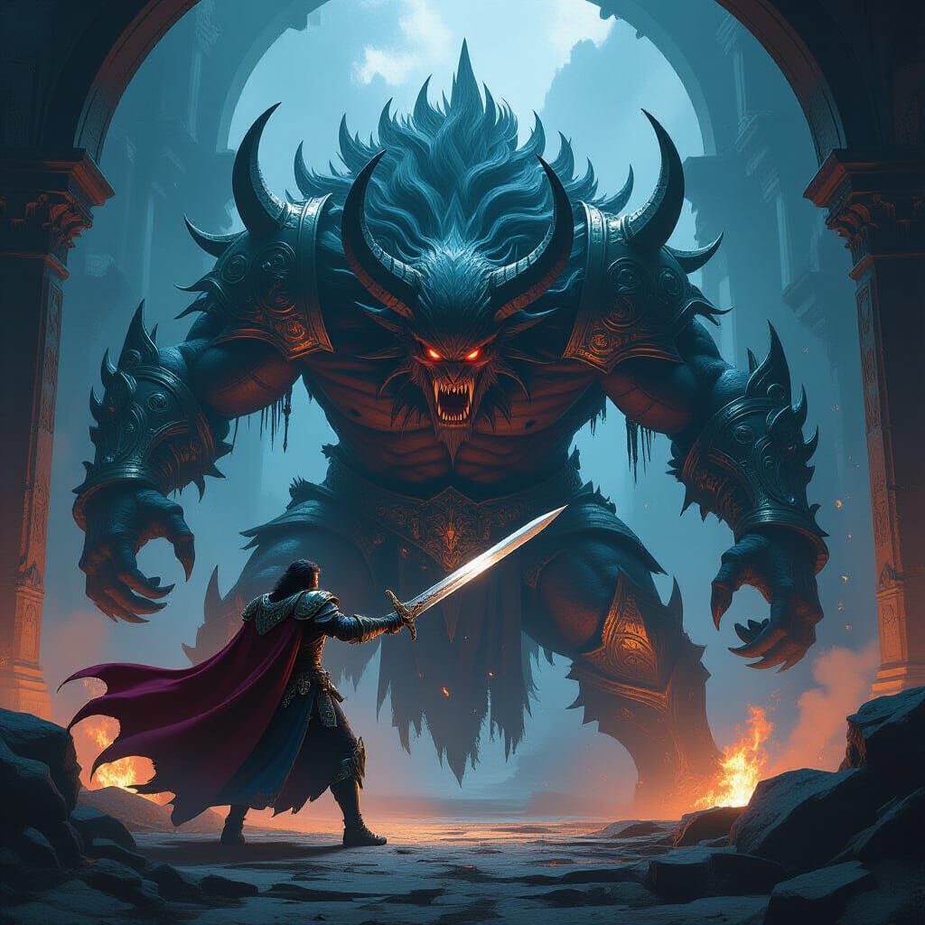 Heroic Prince Slays Grotesque Asura in Dark Kingdom