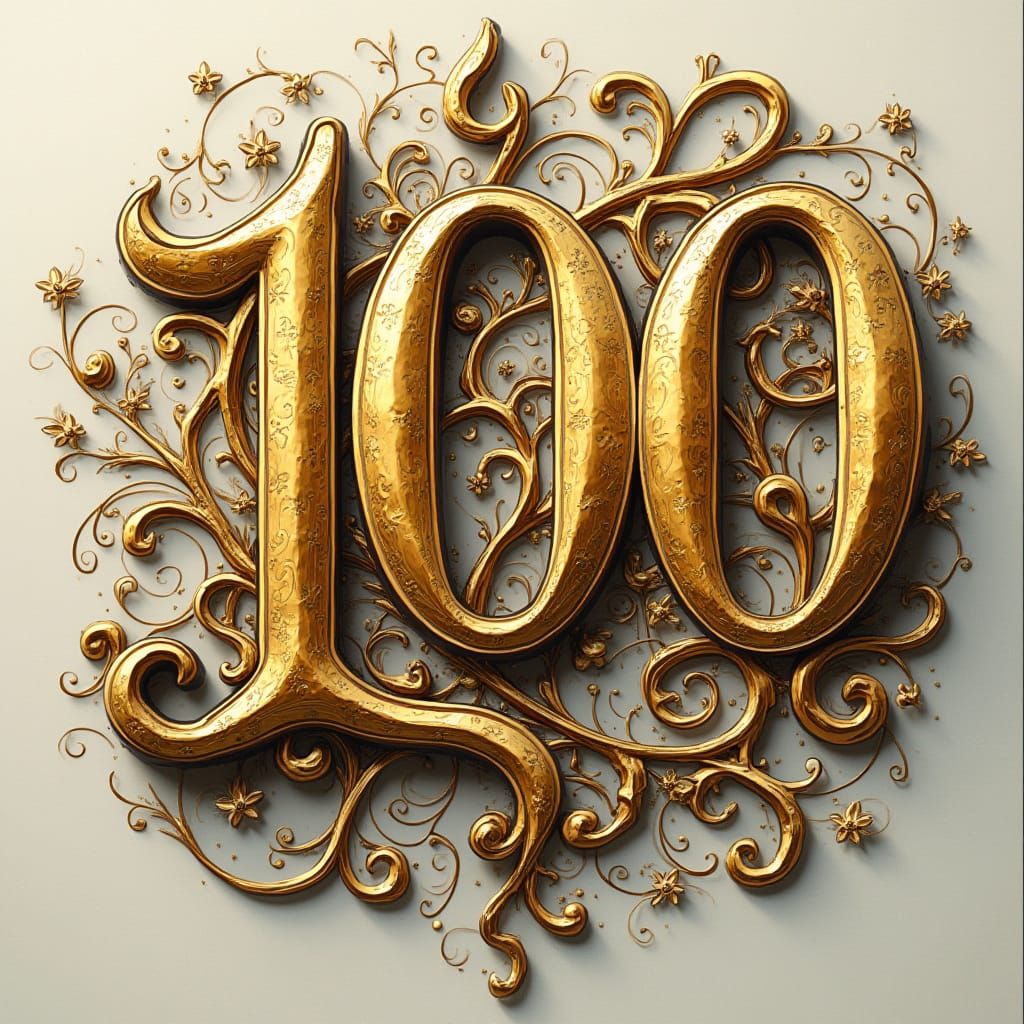 Golden Calligraphy of '100' in Art Nouveau Style