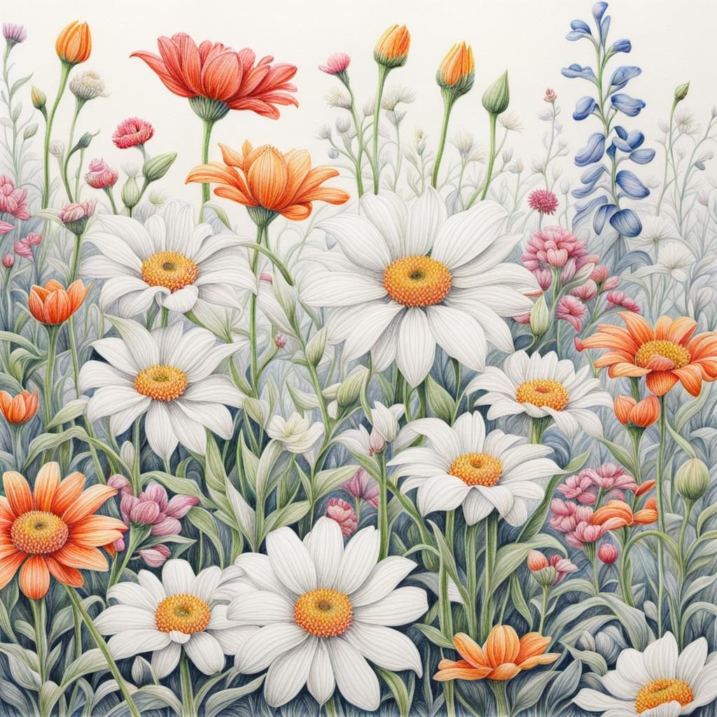 Detailed Colored-Pencil Drawing of Flower Garden