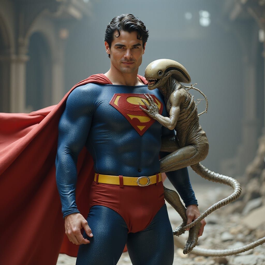 Superman defends himself from the attack of a facehugger fro...