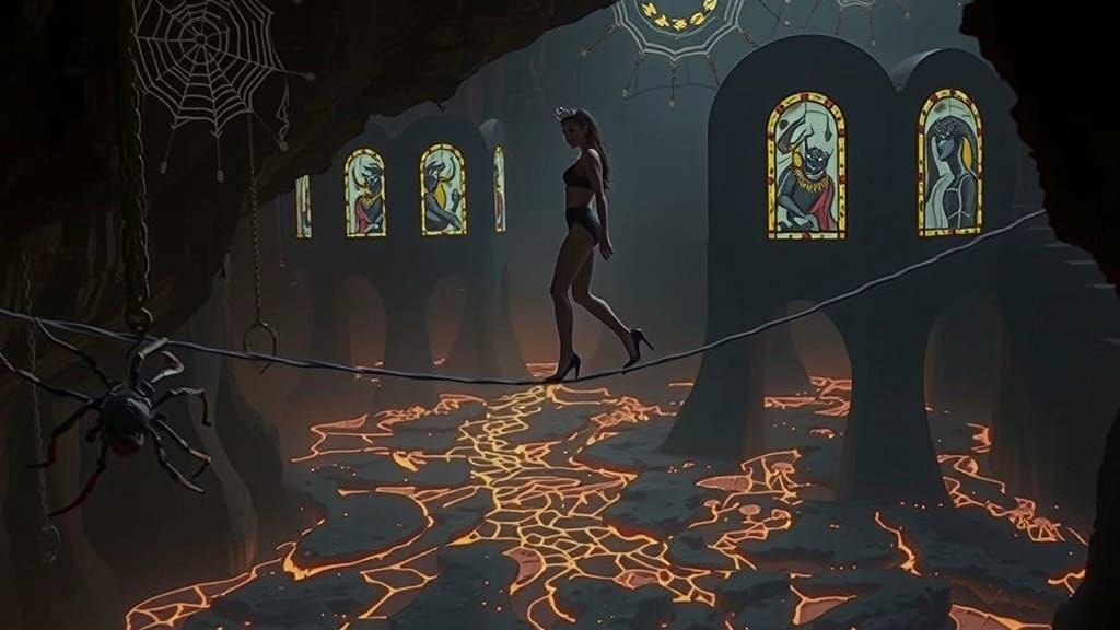 Woman on Tightrope in Lava Cavern with Demon Stained Glass