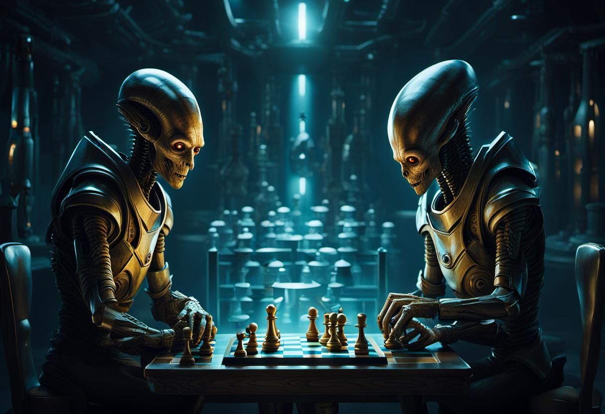 Aliens Play Chess in Futuristic Sci-Fi Room