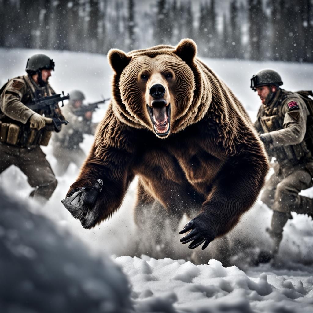 Bear Attacks Soldiers in Snowy Landscape
