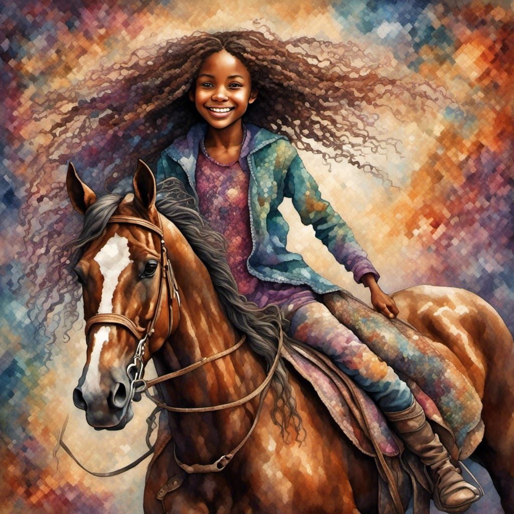 Smiling Girl on Horseback in Tapestry Style