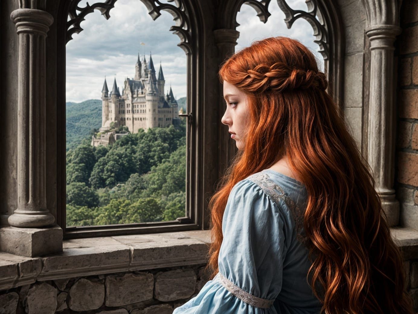 Lonely Princess at Castle Window with Red Hair