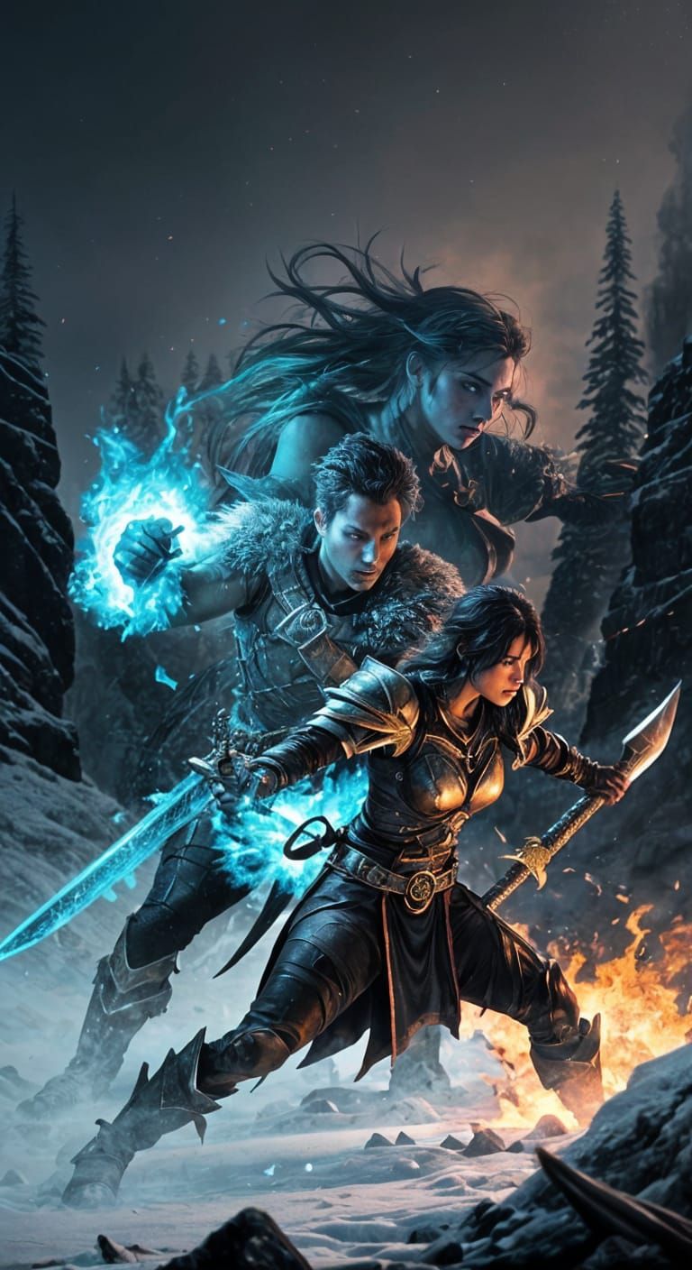 Epic Clash of Elemental Swords in a Fiery Frosty Battle