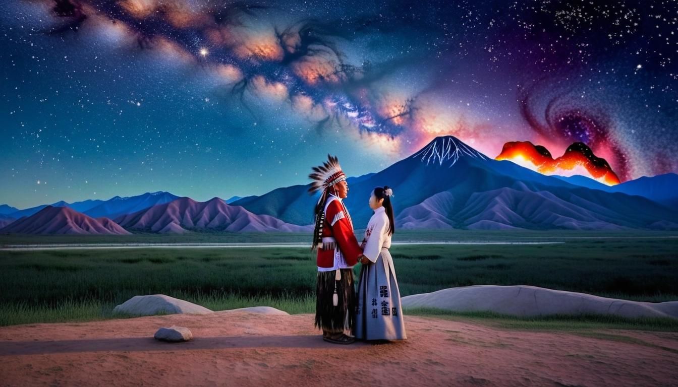Native American Chief and Korean Wife Under Galaxy