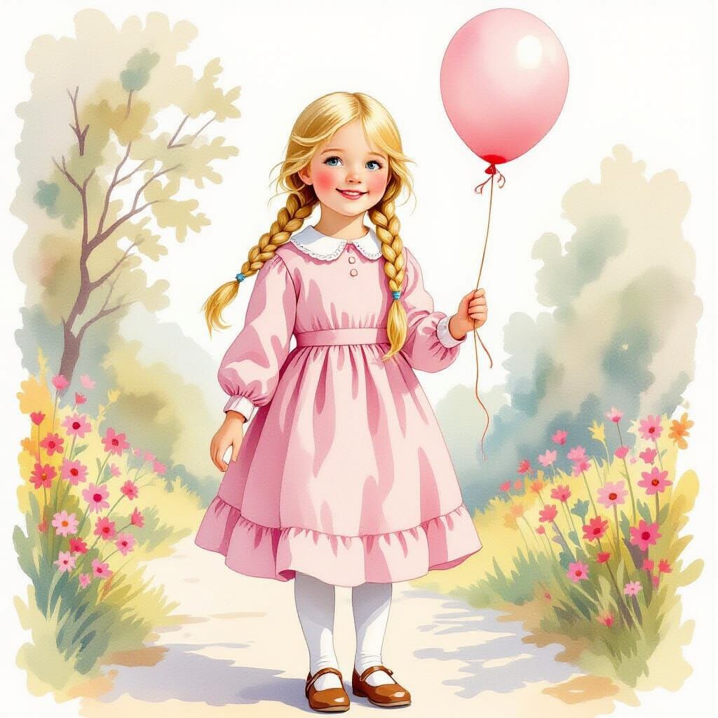 Girl in Pink Dress Holding Balloon in Watercolor Style