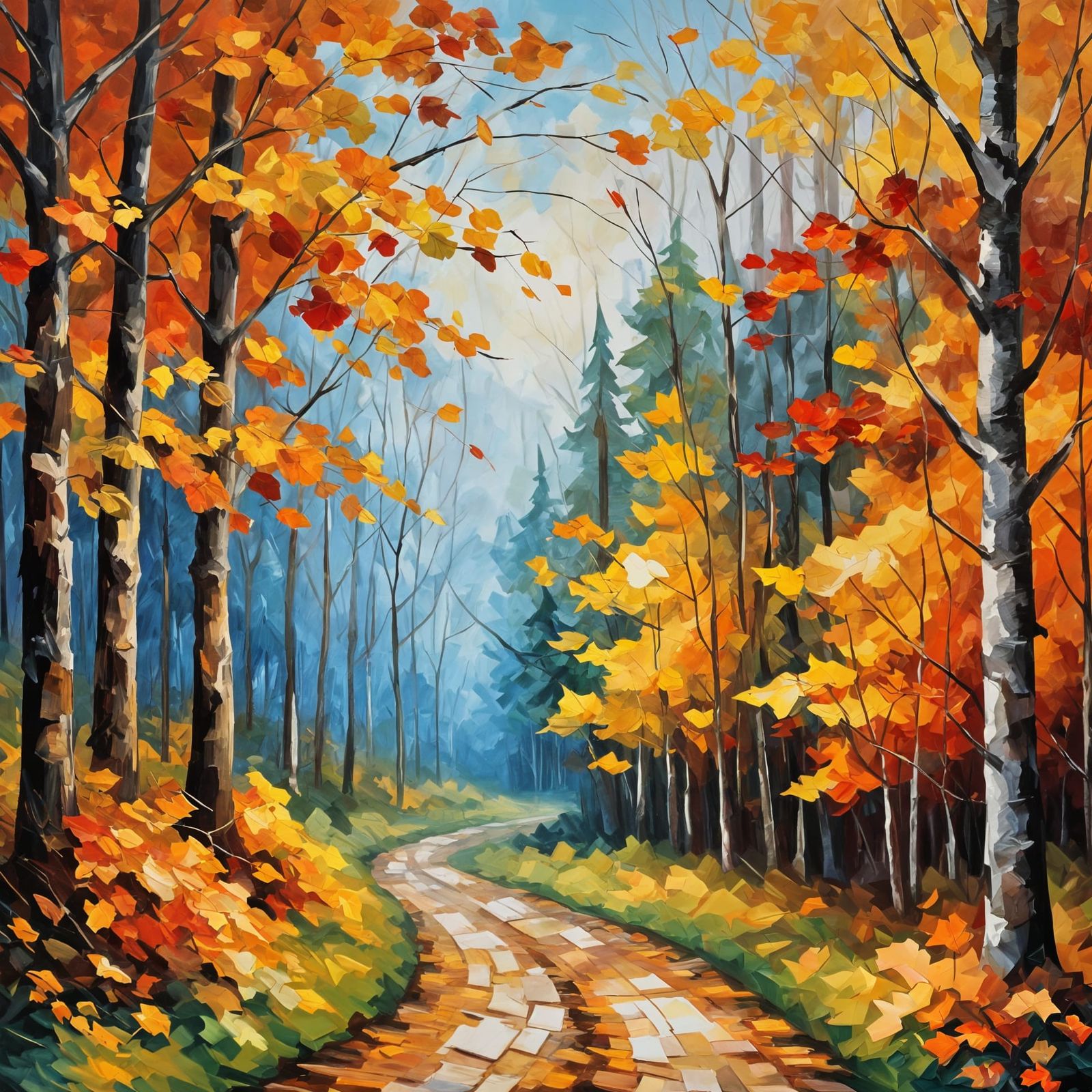 Autumnal Forest Path in Impressionistic Style