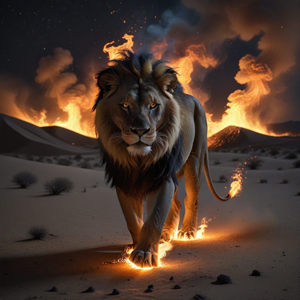 Ethereal Smoke Lion in Hyperrealistic Desert Night