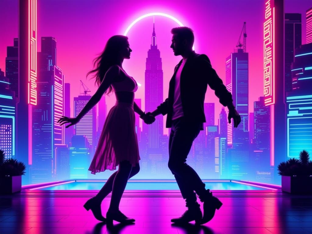 Joyful Couple Dancing in Neon Retro Cityscape