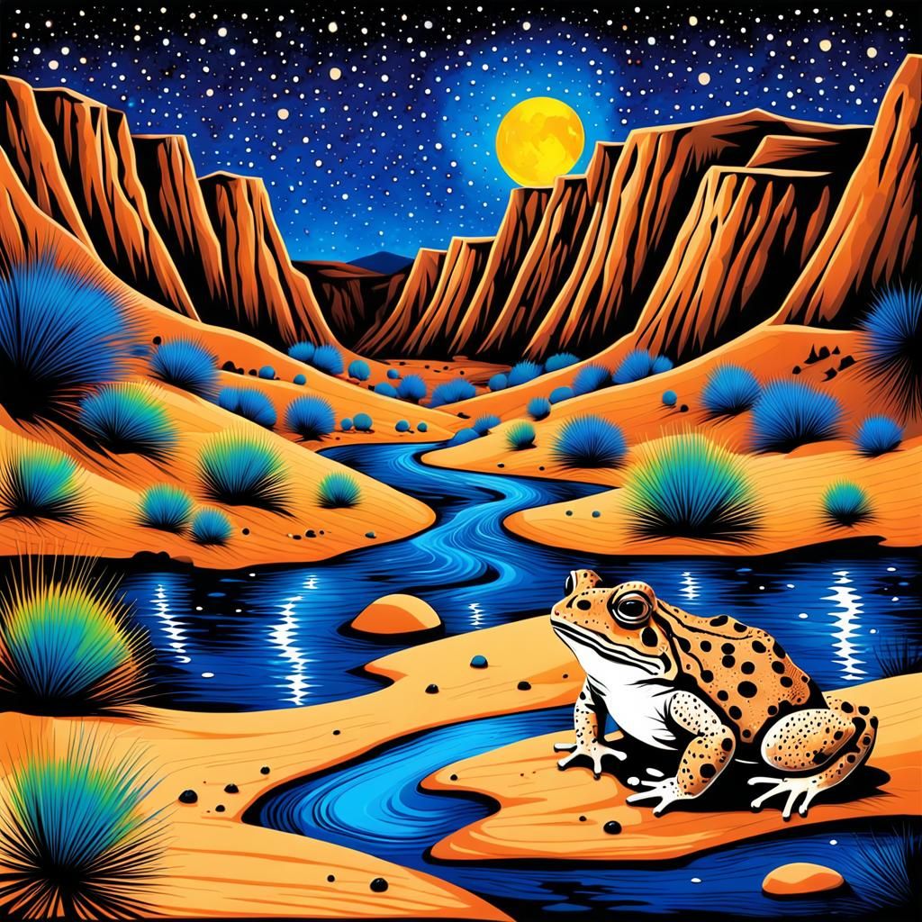 Desert Toads Under Starlit Sky in Splatter Ink Style
