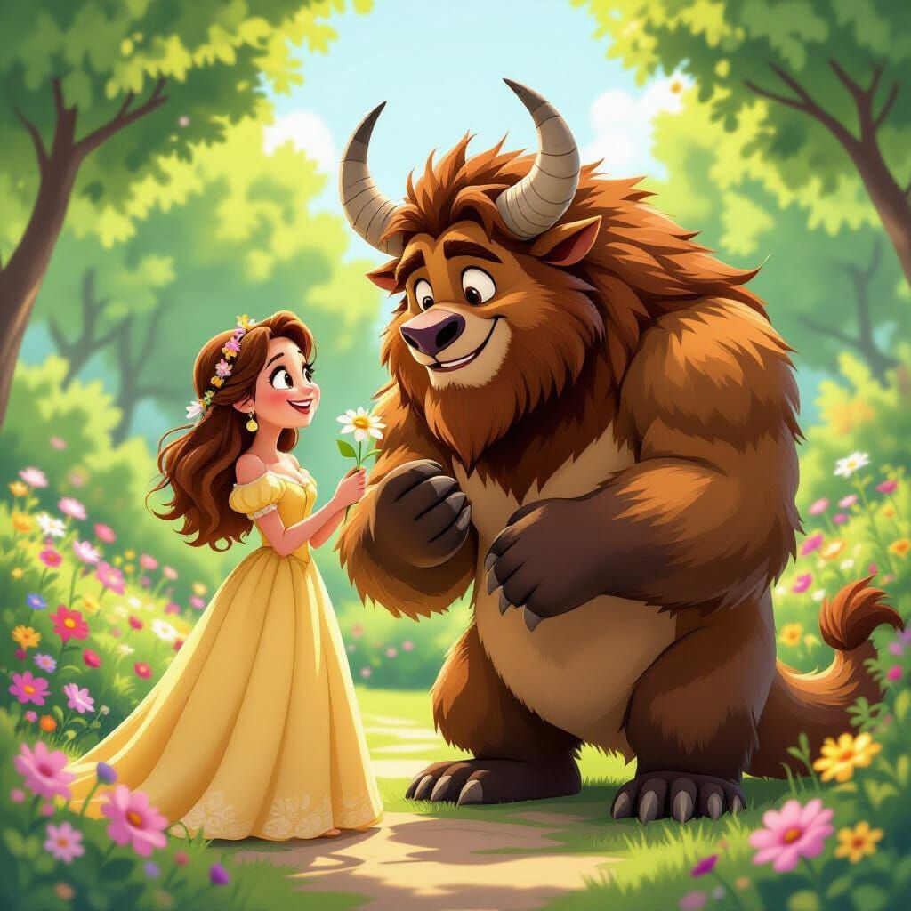 Kind Woman and Beast in Sunny Garden, Pixar Style