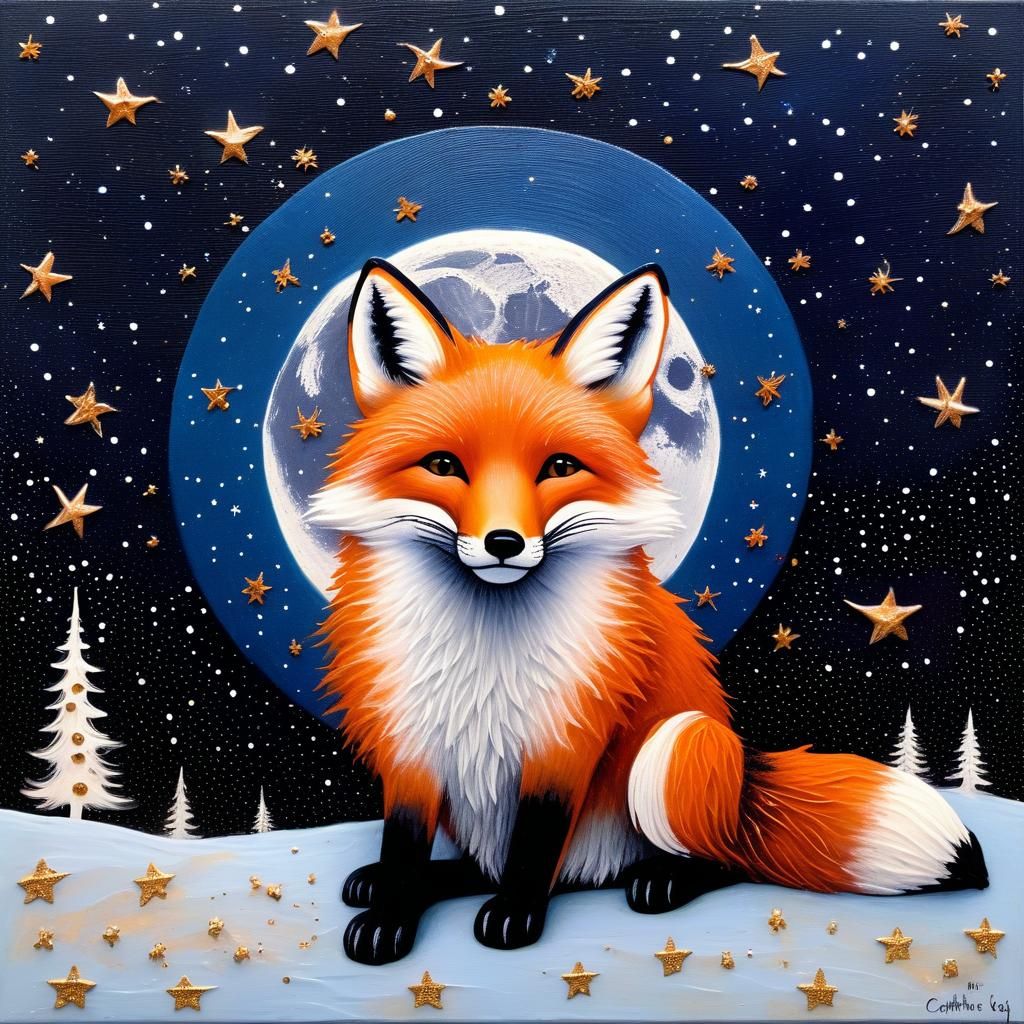 Fox Under Starry Moon in Fantasy Style