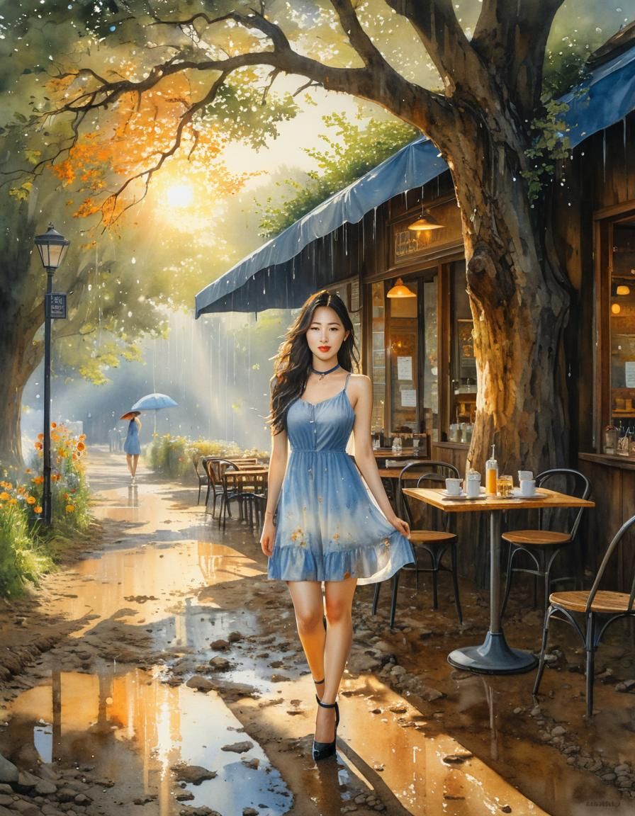 Watercolor Portrait of a Woman in the Rain