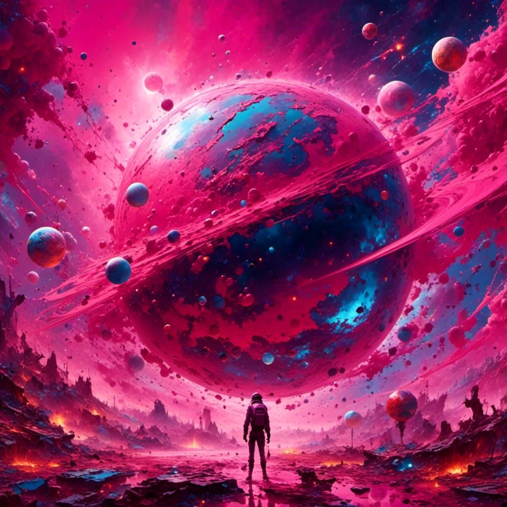 Pink Planet and Star in Graffiti Art Style