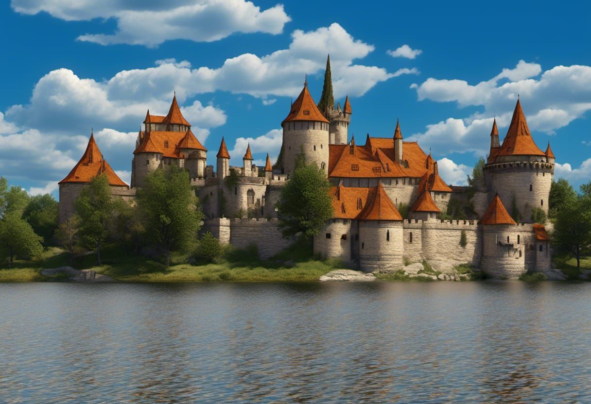 Lakeside Fortress in Medieval Fantasy Landscape