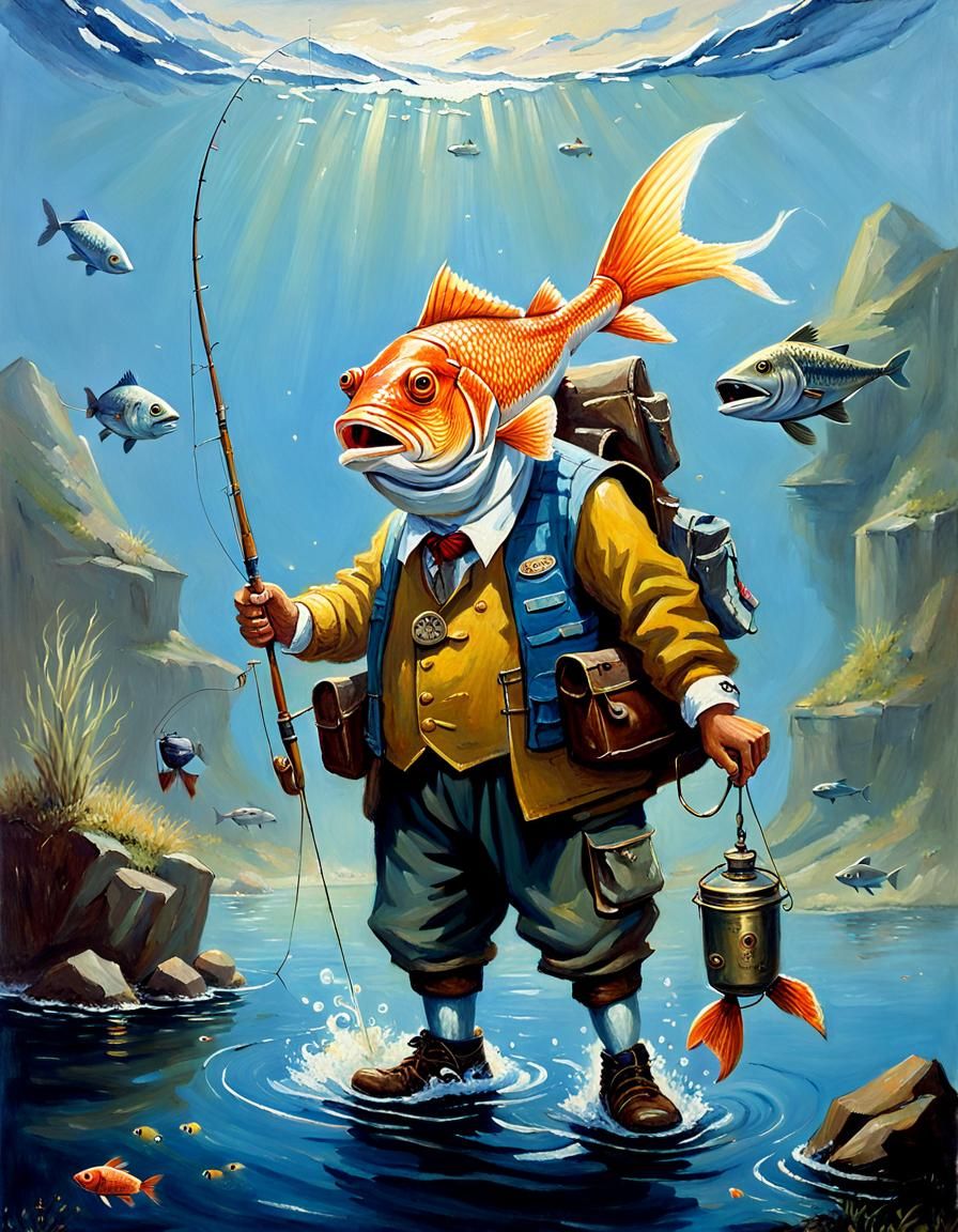 Anthropomorphic Fish Fishing for Humans, Oil Painting