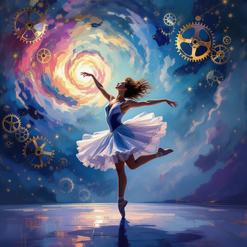 Dancer Leaps Through Cosmic Clockwork Sky