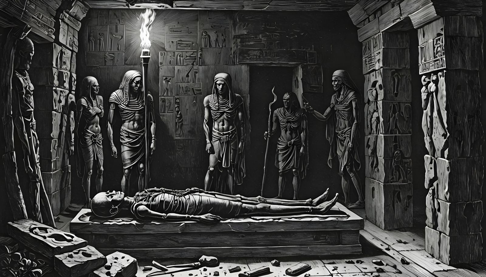 Ancient Mummy Revealed in Dark Tomb by Torchlight