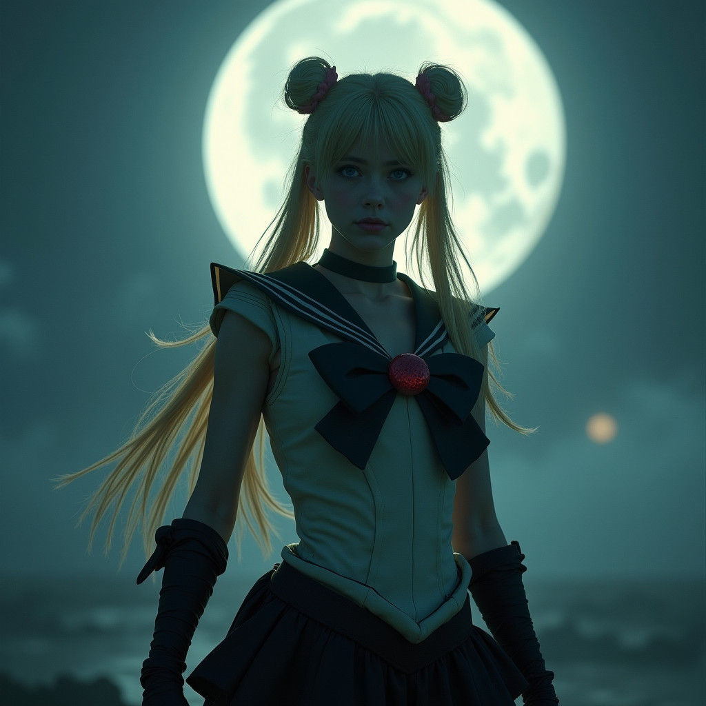 Heroic Sailormoon in Moonlit Scene, Hyperrealistic Style