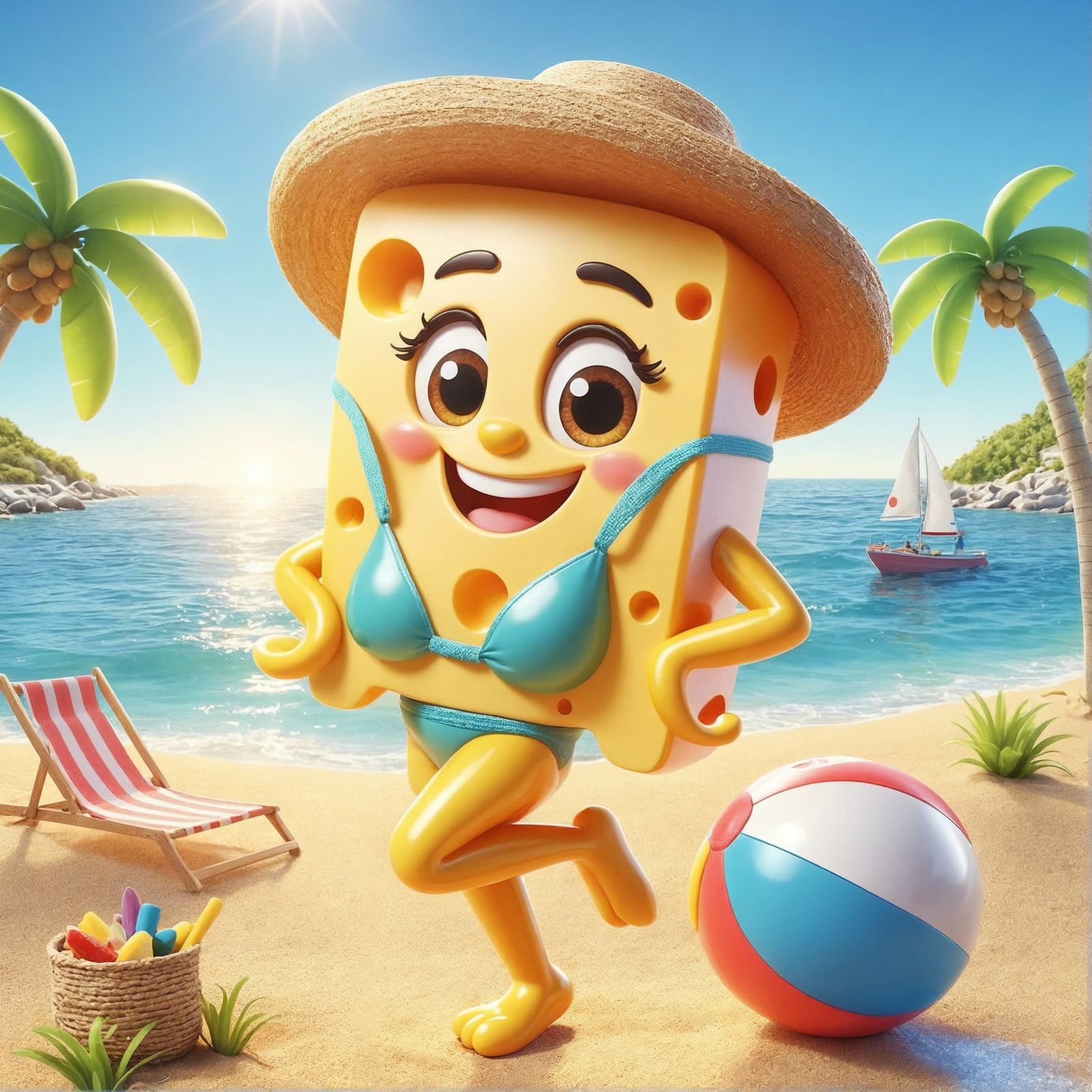 Cartoon Cheese Character's Beach Day