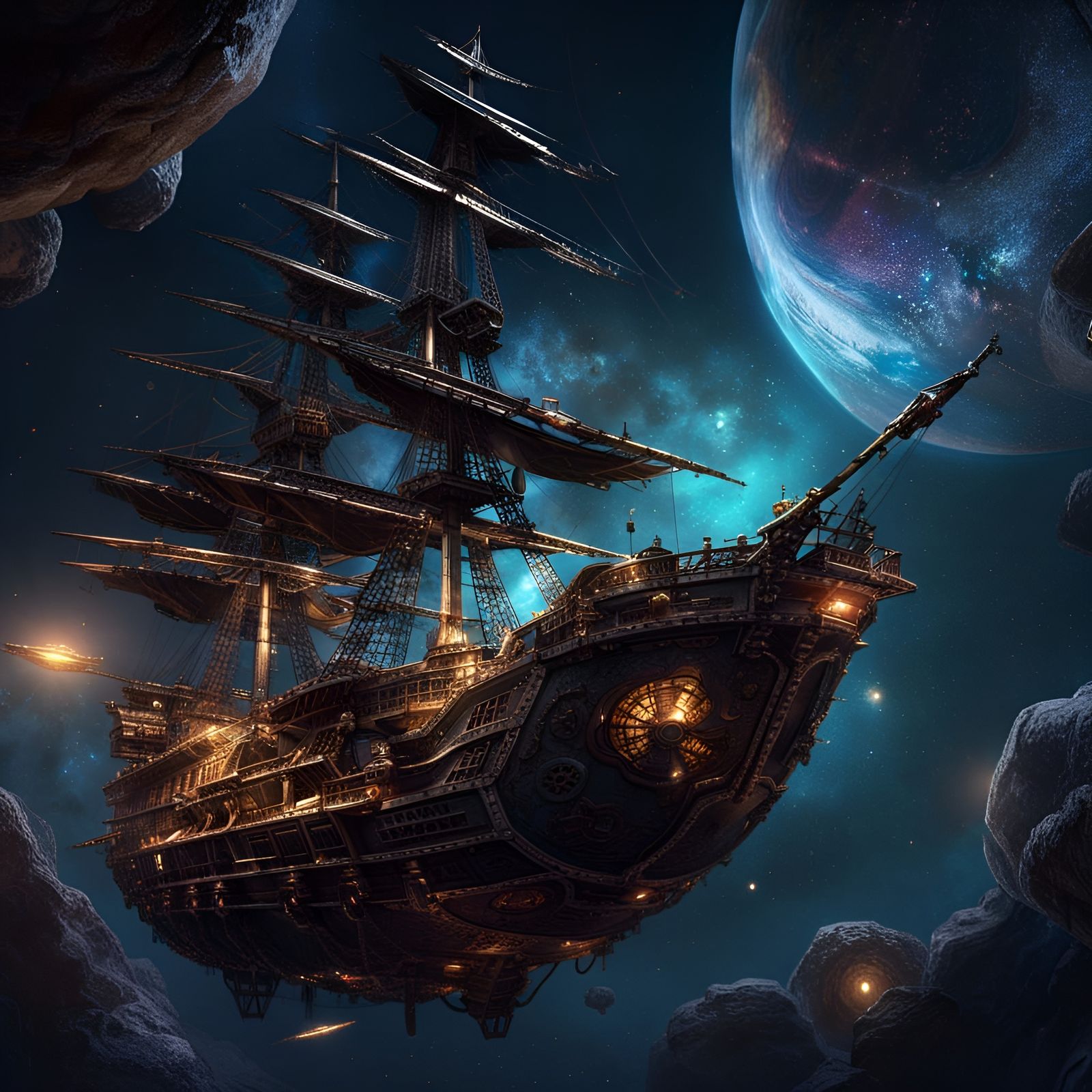 Pirate Ship Soaring Through Space, Dark Fantasy Art