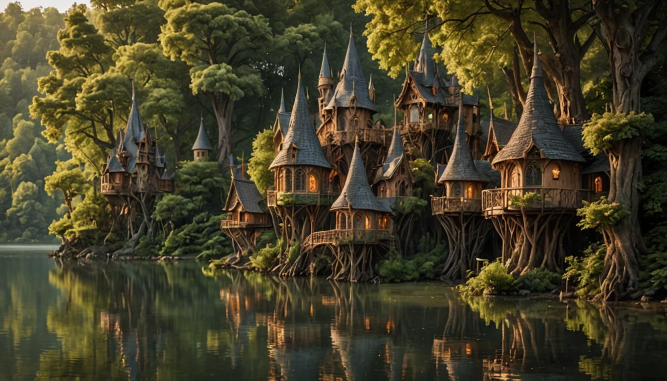 Majestic Elven Treehouses by Lake in Golden Light