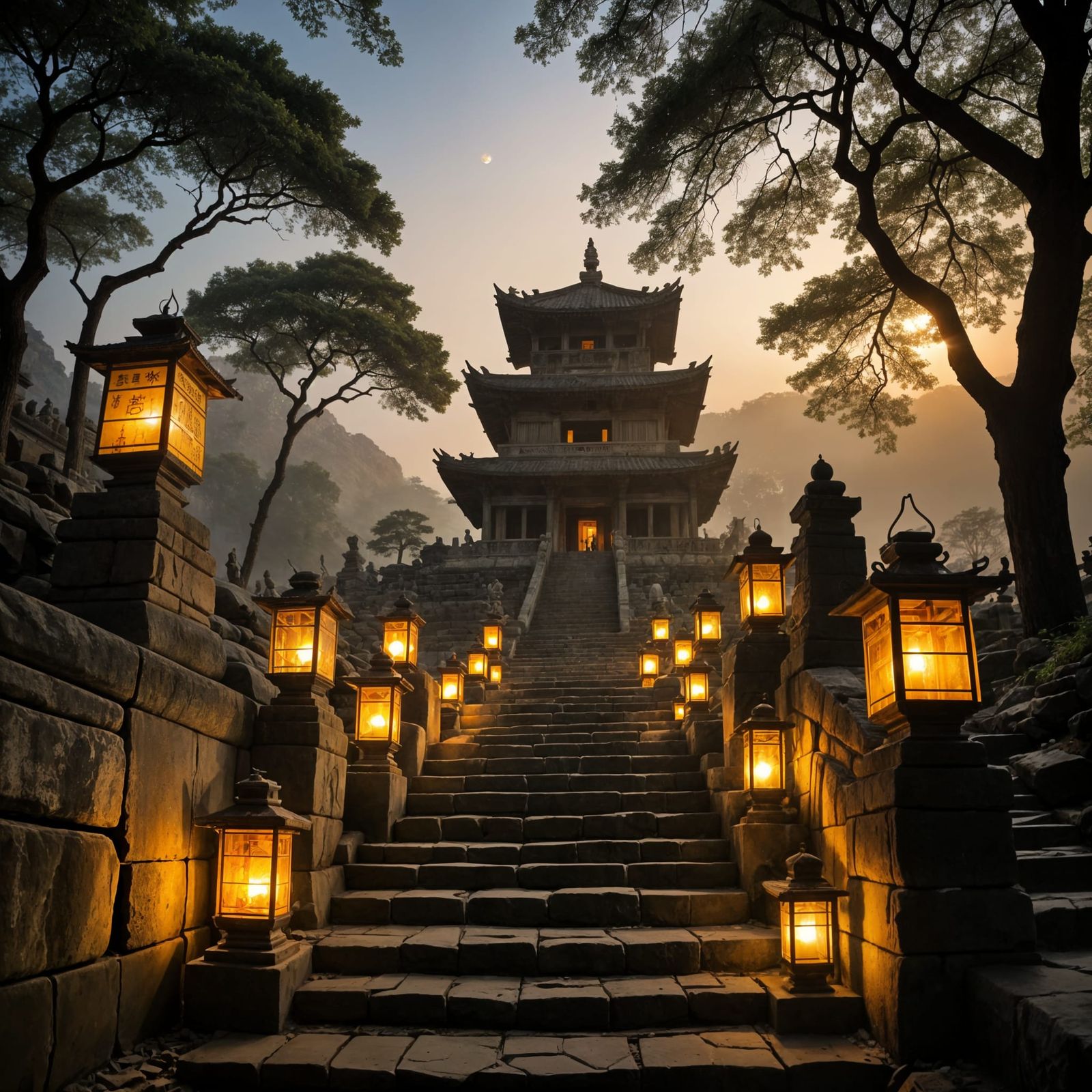 Dawn Pilgrimage: Lantern-Lit Temple Ascent