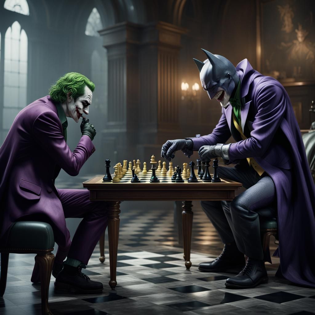 Joker and Batman Chess Match in Detailed Painting