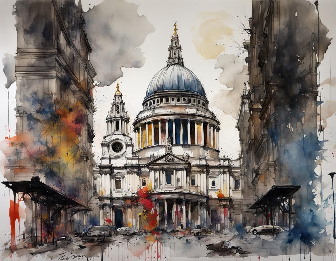 St. Paul's Cathedral Watercolour Painting with Ink Drips