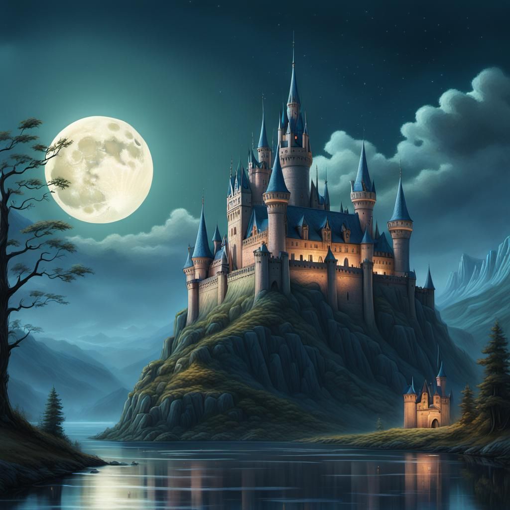 Majestic Castle Under Full Moonlight in Whimsical Fantasy St...