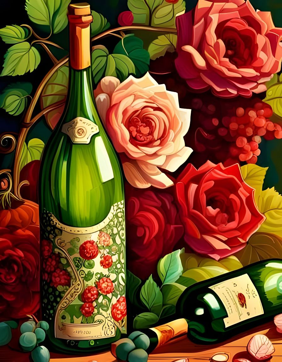 Wine Bottle with Roses and Grapes in Winery