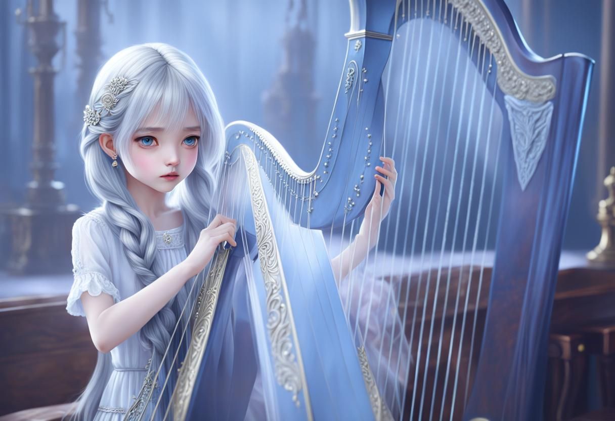 Silver-Haired Harpist: Hyperrealistic Cinematic Beauty