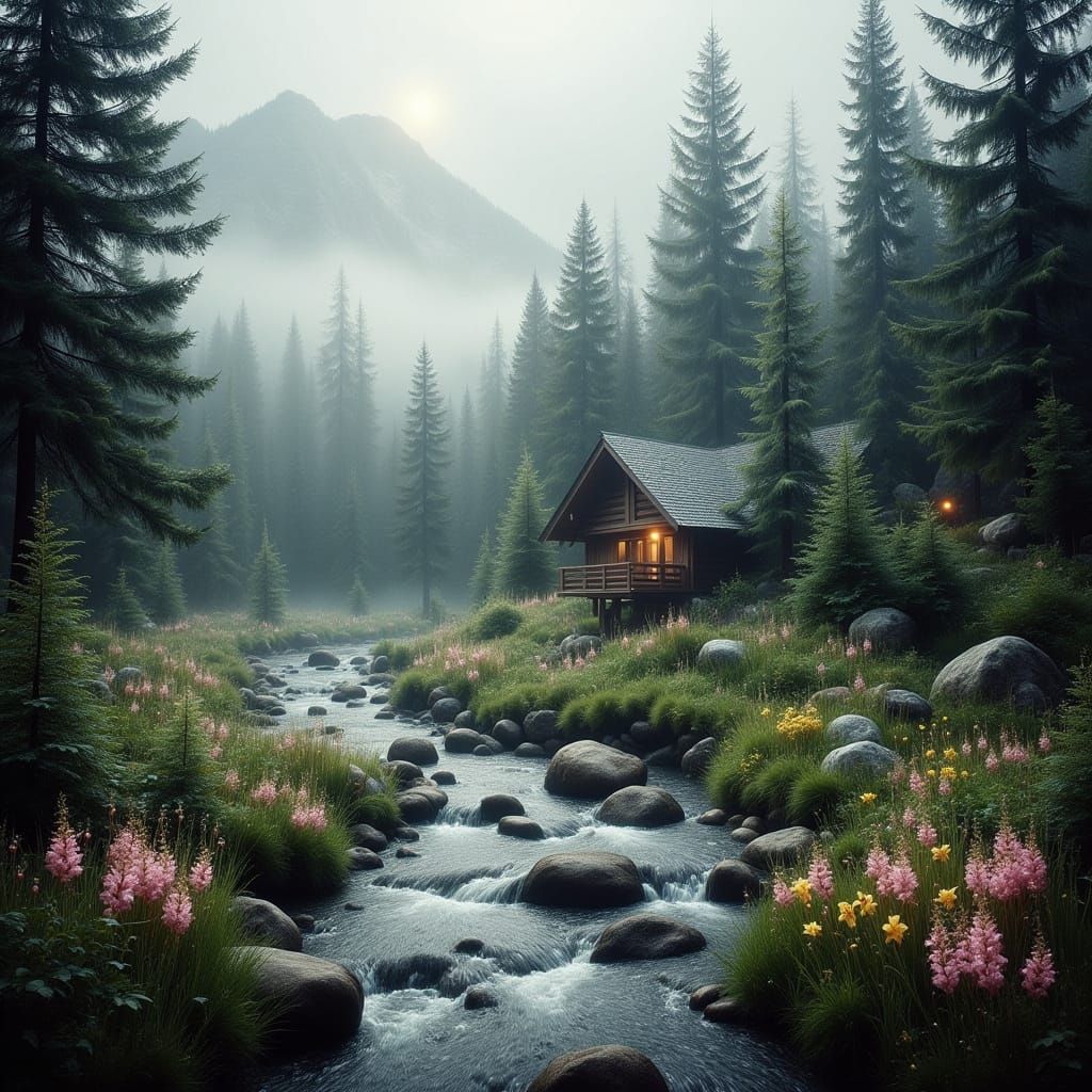 Enchanted Forest Cabin Scene with Smoky Haze