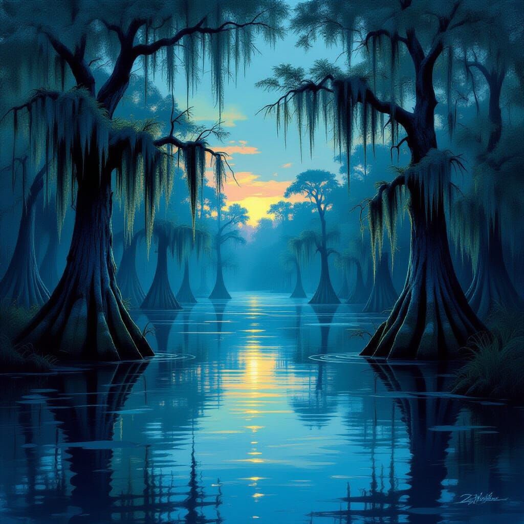 Misty Louisiana Swamp at Twilight with Eerie Fungal Glow