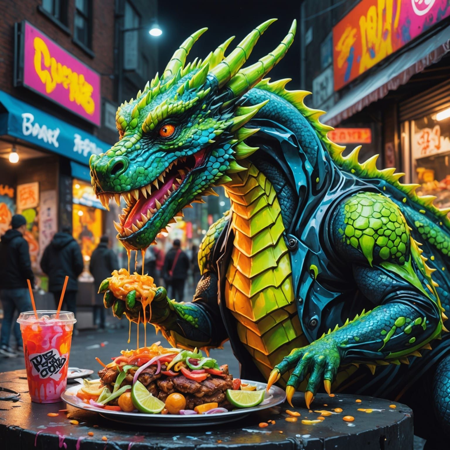 Fluorescent Dragon Eats Street Food: Graffiti Art