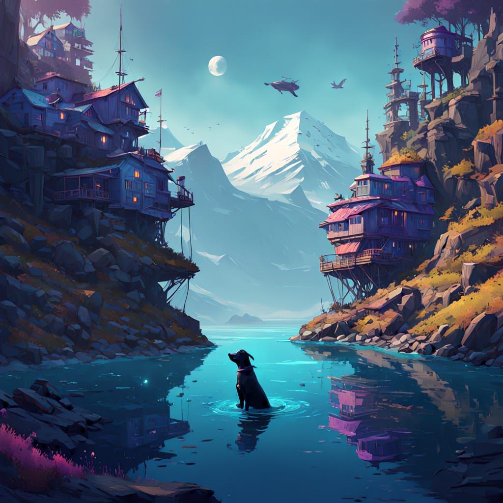 Majestic Dog Dives with Orca Family in Vibrant Oceanic Scene