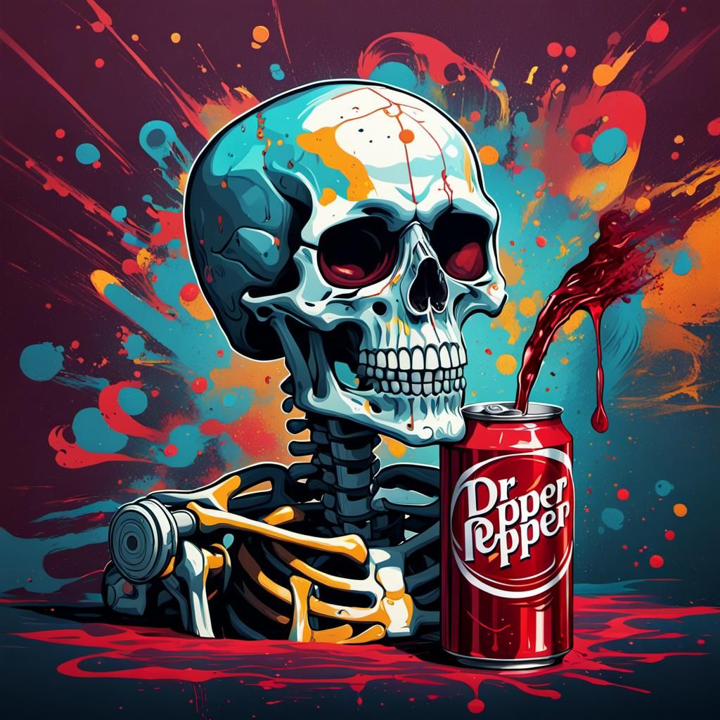 Skeleton Head Drinks Dr. Pepper: Hyperrealistic Pop Art