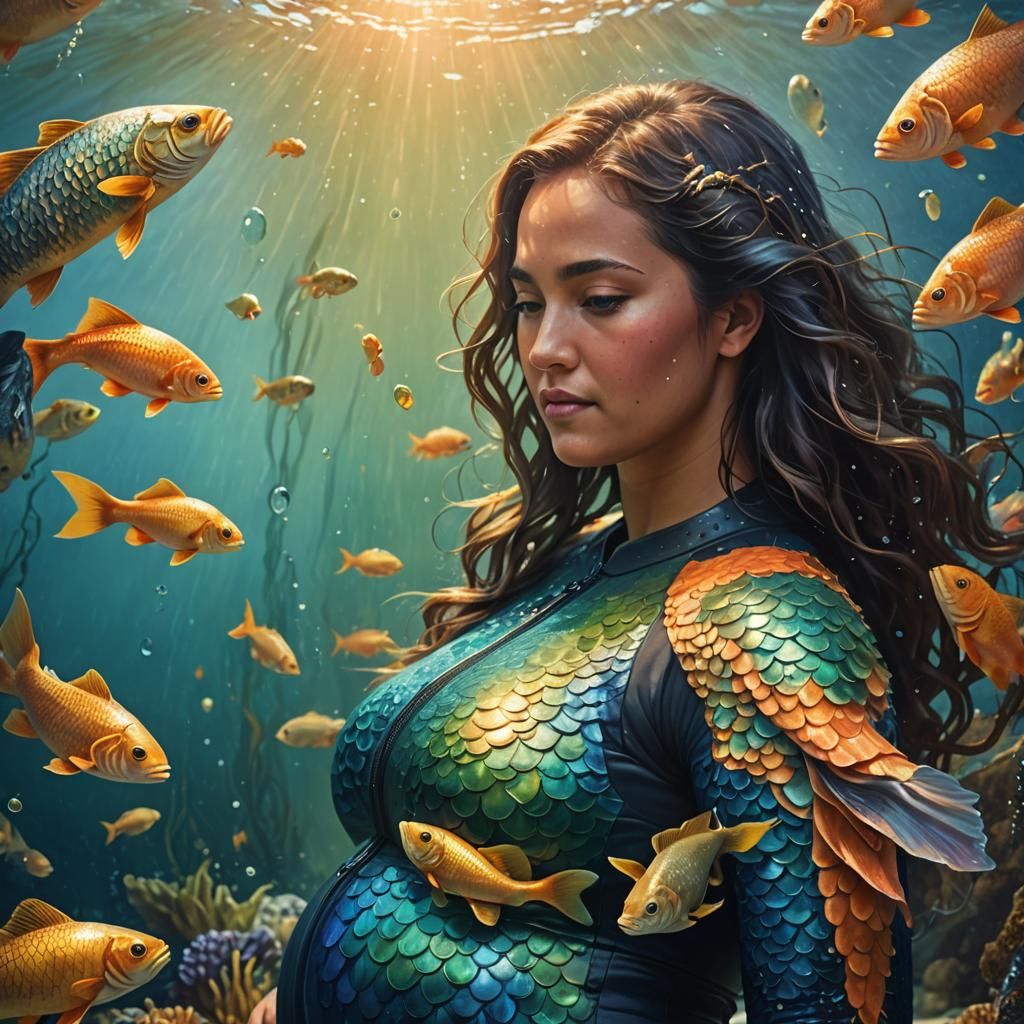 Pregnant Woman Mermaid in Hyper-Realistic Matte Painting
