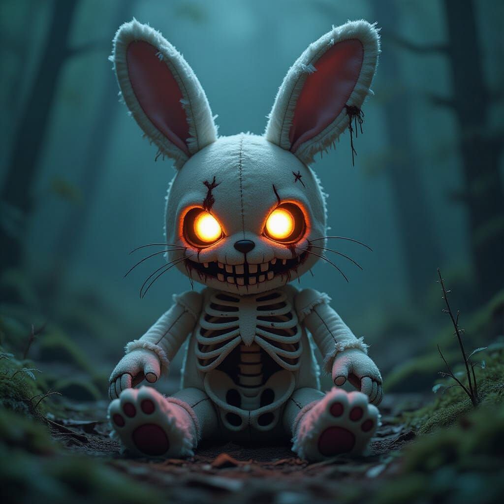 Creepy Plush Rabbit with Glowing Eyes in Eerie Setting