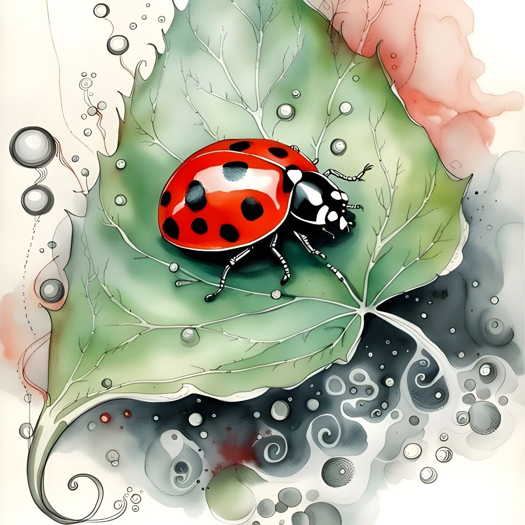 Ladybug on Bioluminescent Leaf in Pen and Ink