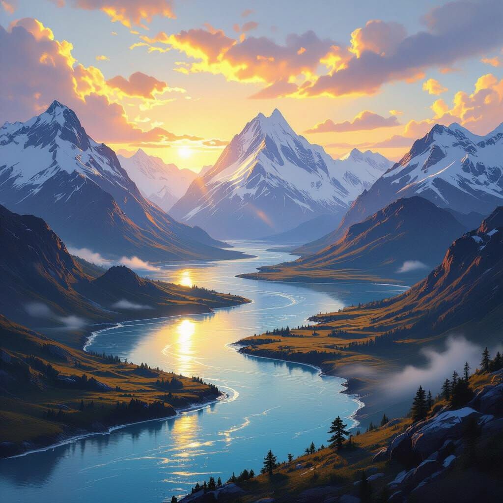 Majestic Mountains Rivers Flowing to Ocean at Sunset