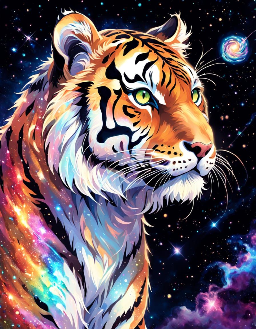 Celestial Tiger in Nebula, Whimsical Fantasy Art
