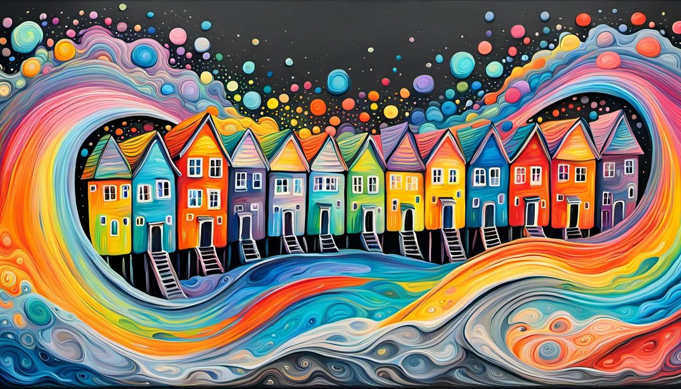 Whimsical Houses in Rainbow Acrylic Paint Pouring